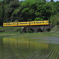 黄色い電車、三連アーチ橋の「めがね橋」を渡る。＠三岐鉄道北勢線楚...